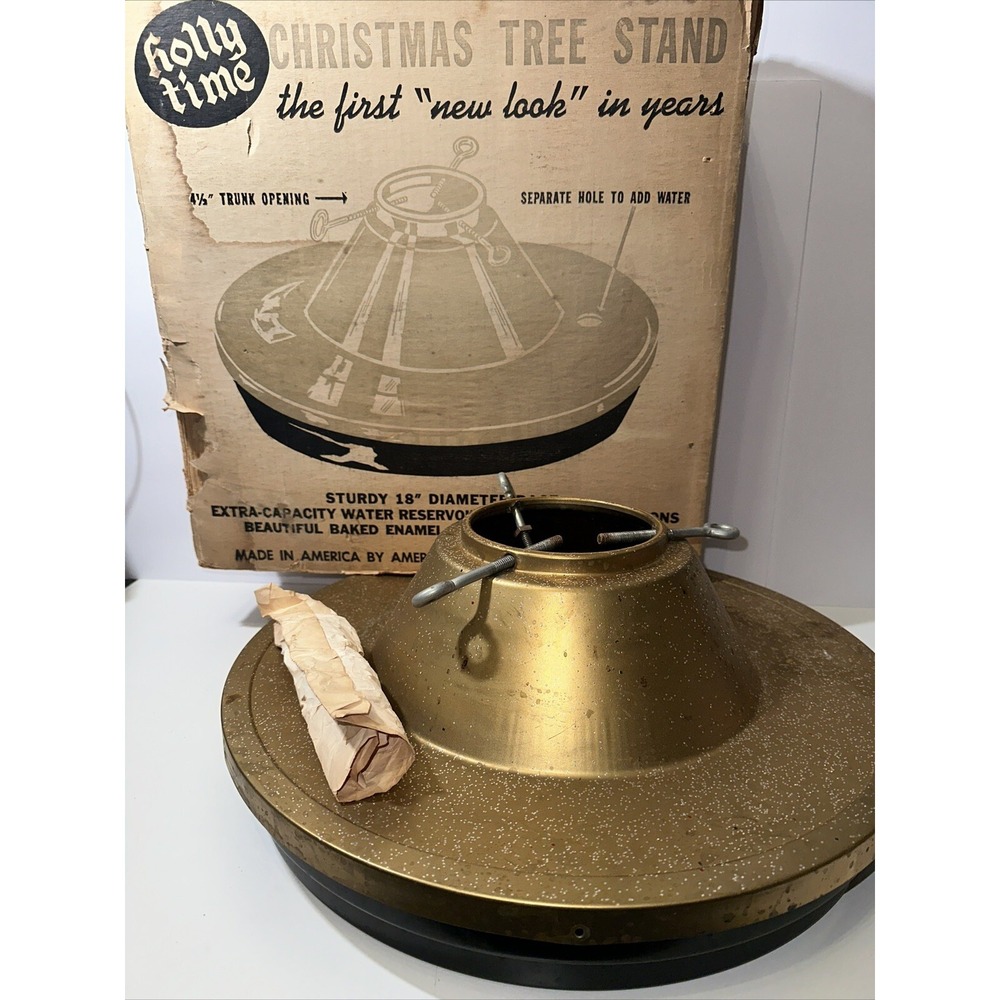 Vtg MCM Mell Mfg. Co. Holly Time Christmas Tree Stand‎ B-5 Black & Gold-Complete